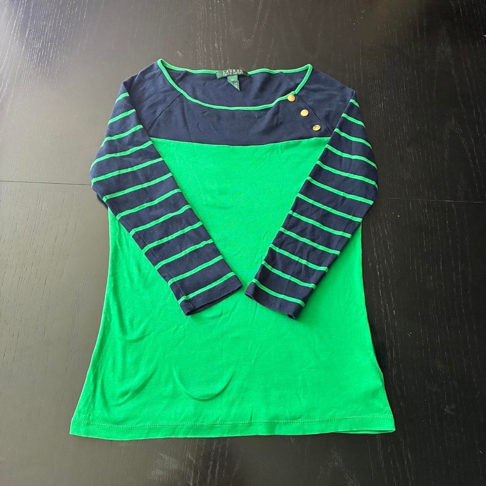 Lauren Ralph Lauren Green Navy Striped Long Sleeve Shirt Womens Medium Preppy